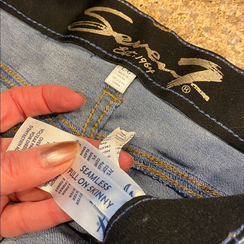 Seven7 Seamless Pull On Skinny Blue Jeans L/G MUSTY Faux Front Pockets No Zipper - Picture 3 of 16